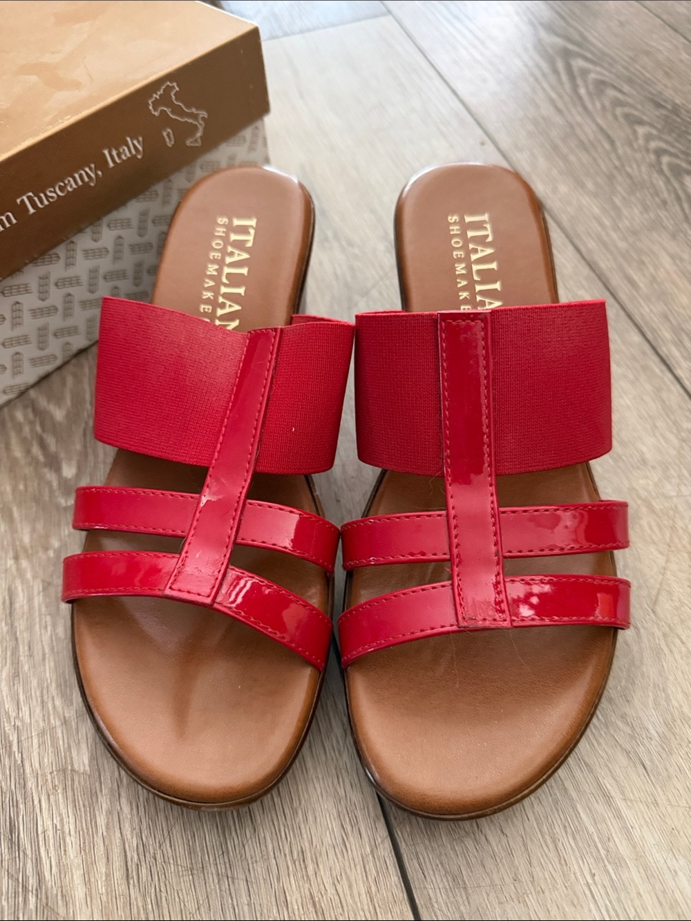 Italian Shoemakers Bright Red Slide Sandals with Triple Strap Detail
